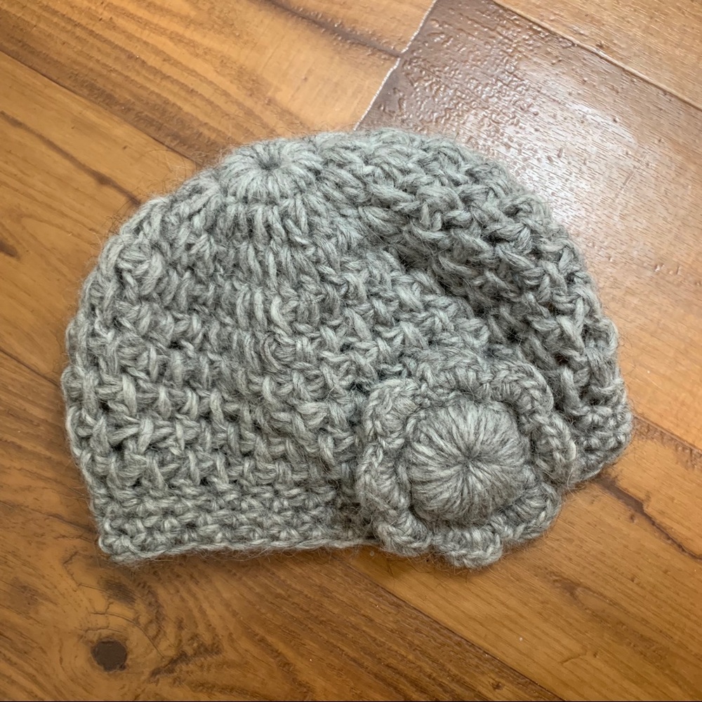 Grey Crochet Wool Hat with Flower